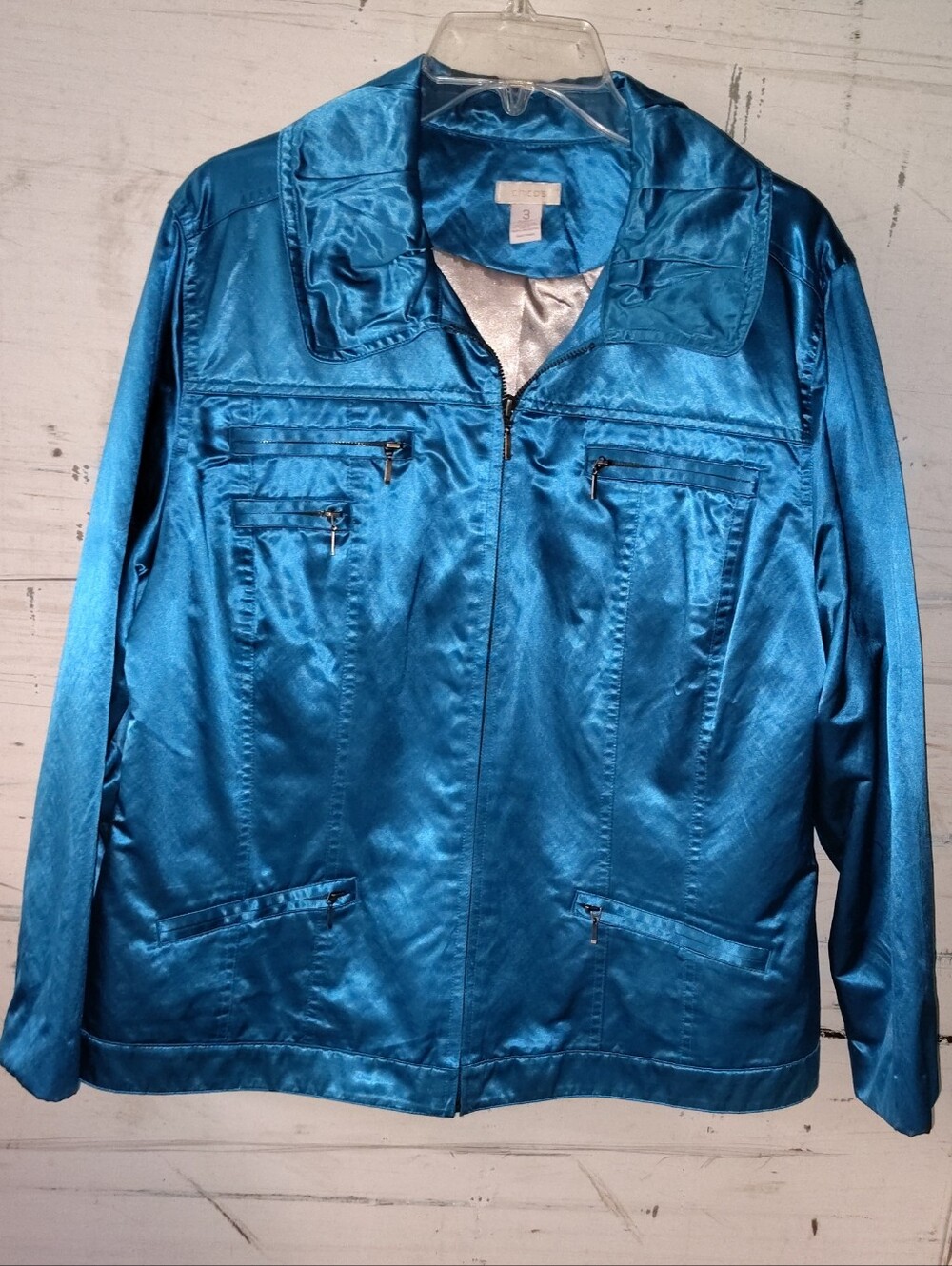 Chico's Shiny Teal Blue Satin Zip-Front Jacket